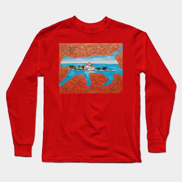 Greek island and cat Long Sleeve T-Shirt by Gatoulart